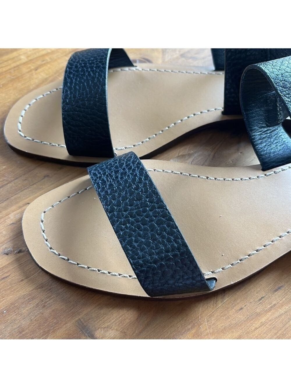 J. Crew Women’s Black Pebble Leather Flat Double Strap Sandals 6.5 - Picture 4 of 12